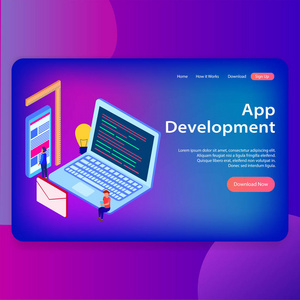 3d 帶有瀏覽器窗口的筆記本電腦的等距插圖, 用于響應 Web 著陸頁設計